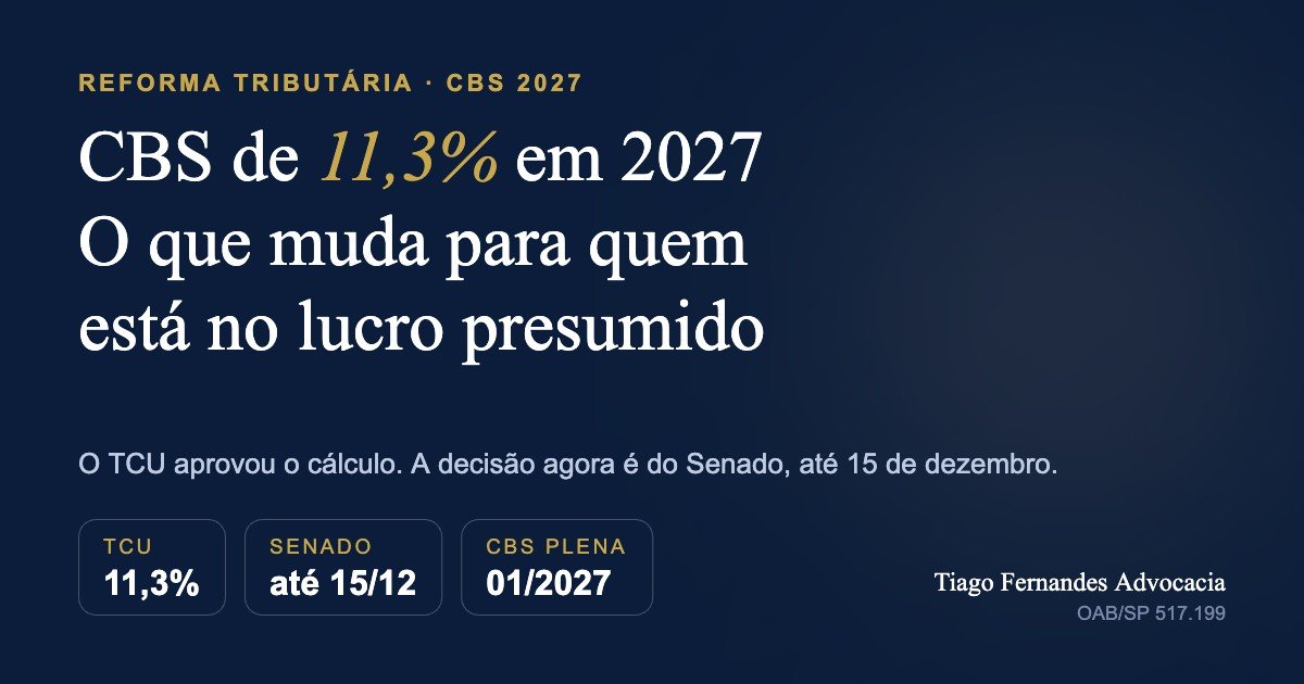 Capa do artigo sobre a CBS de 11,3% em 2027 e o efeito para o lucro presumido