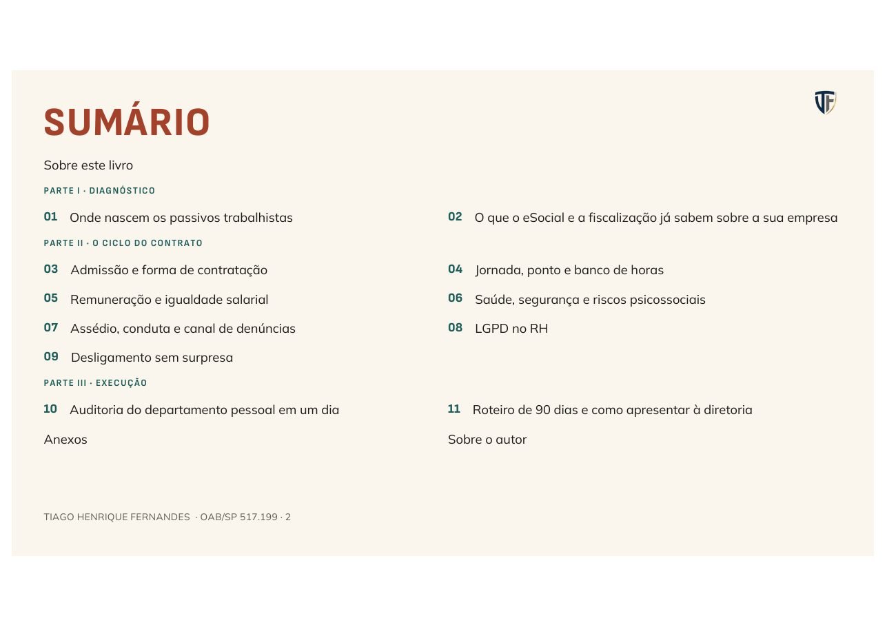 Sumário do guia Compliance Trabalhista no RH, com os capítulos sobre eSocial, jornada, NR-1 e LGPD