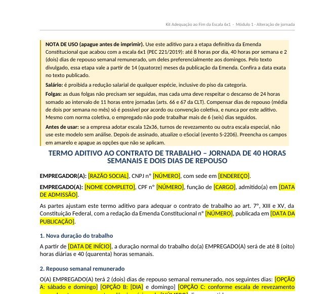Início do aditivo de jornada de 40 horas e escala 5x2, com nota de uso em destaque